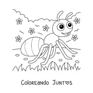 Imagen para colorear de una hormiga animada en un jardín