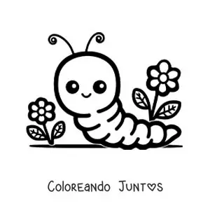 Imagen para colorear de una lombriz kawaii animada con flores