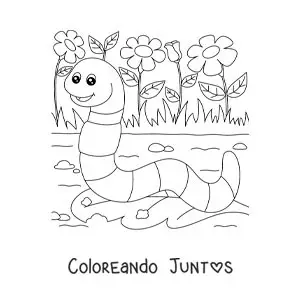Imagen para colorear de una lombriz de tierra animada comiendo una hoja