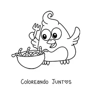 Imagen para colorear de un pájaro animado comiendo un plato de lombrices