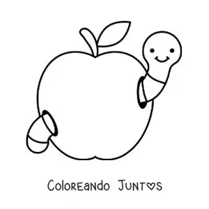 Imagen para colorear de gusano animado fácil en una manzana