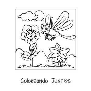 Imagen para colorear de libélula animada junto a unas flores
