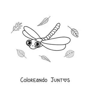 Imagen para colorear de una hermosa libélula animada volando con hojas