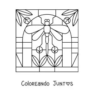 Imagen para colorear de vitral con dibujo de libélula y flores