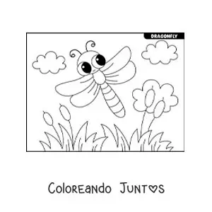 Imagen para colorear de libélula kawaii volando en un jardín