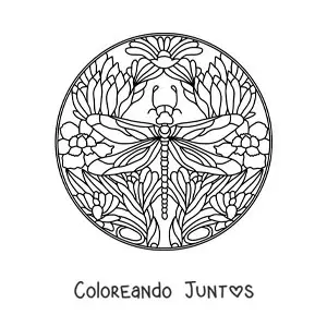 Imagen para colorear de mandala de libélula con flores