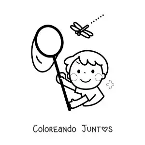 Imagen para colorear de niño atrapando una libélula con una red