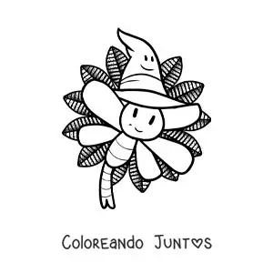 Imagen para colorear de libélula animada con sombrero de halloween