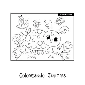 Imagen para colorear de un escarabajo ciervo animado en un jardín con flores