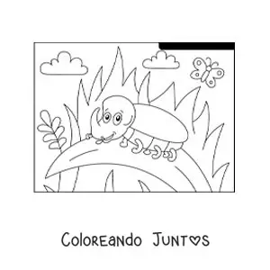 Imagen para colorear de un escarabajo rinoceronte animado en un jardín