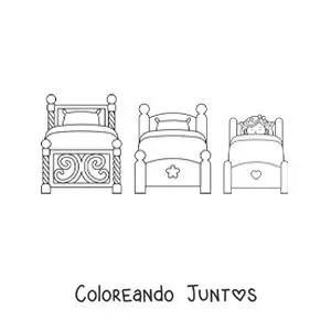 Imagen para colorear de Ricitos de Oro durmiendo en las camas de los tres osos