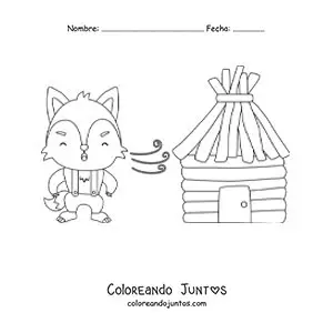 Imagen para colorear de el lobo feroz soplando derribando la casa de madera