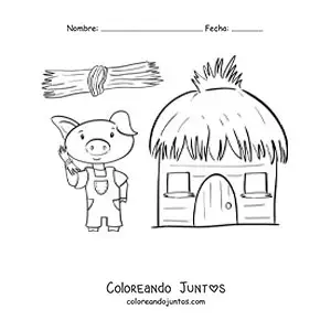 Imagen para colorear de uno de los tres cochinitos construyendo su casa de paja