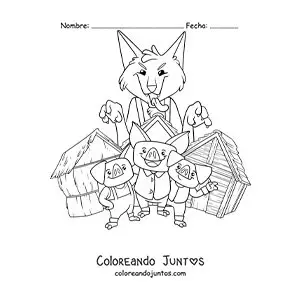 Imagen para colorear de el lobo feroz listo para derribar las casas de los tres cerditos