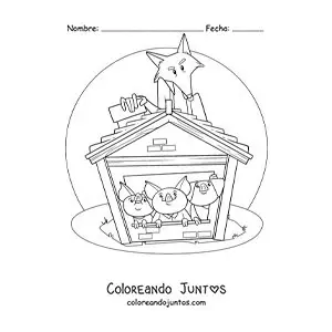 Imagen para colorear de los tres cerditos escondidos del lobo en la casa de ladrillos