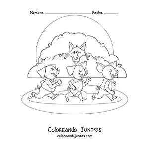 Imagen para colorear de el lobo feroz persiguiendo a los tres cerditos del cuento