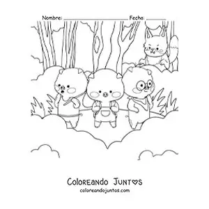 Imagen para colorear de el lobo feroz acechando a los tres cerditos en el bosque