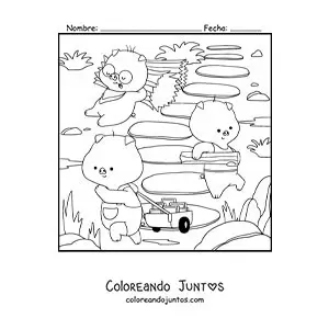 Imagen para colorear de los tres cerditos animados kawaii construyendo sus casas