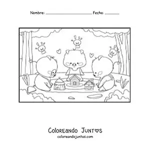 Imagen para colorear de los 3 cochinitos kawaii construyendo sus casas en el bosque