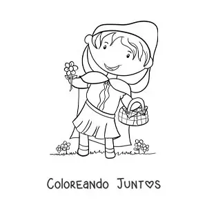 Imagen para colorear de Caperucita Roja recogiendo flores en una canasta