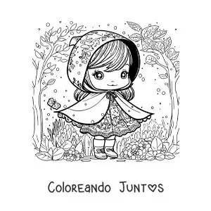 Imagen para colorear de Caperucita Roja animada kawaii en el bosque