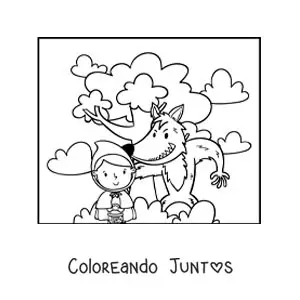Imagen para colorear de Caperucita animada y el lobo en el bosque