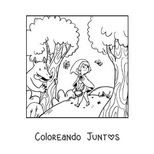 Imagen para colorear de el lobo feroz persiguiendo a Caperucita Roja en el bosque