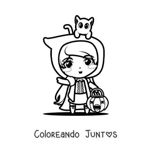Imagen para colorear de disfraz de Caperucita Roja kawaii de halloween