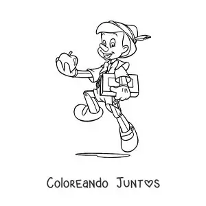 Imagen para colorear de Pinocho con un libro y una manzana