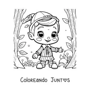 Imagen para colorear de Pinocho kawaii en el bosque