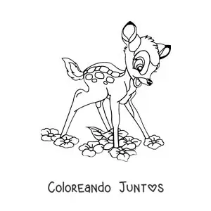 Imagen para colorear de Bambi animado aprendiendo a caminar con flores