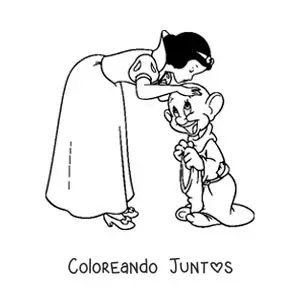 Imagen para colorear de Blancanieves besando a uno de los enanitos