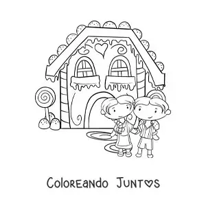 Imagen para colorear de Hansel y Gretel en la casa de dulce
