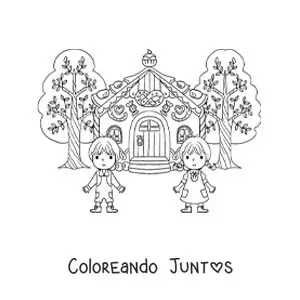 Imagen para colorear de Hansel y Gretel animados en la casa de dulce