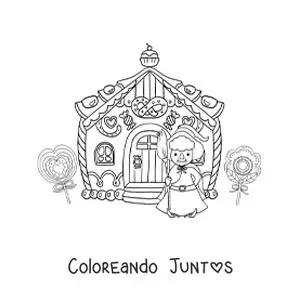 Imagen para colorear de la bruja de Hansel y Gretel con su casa de dulce