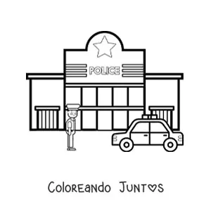 Imagen para colorear de un policía y una patrulla frente a la comisaría