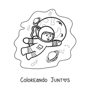 Imagen para colorear de un astronauta kawaii flotando en el espacio