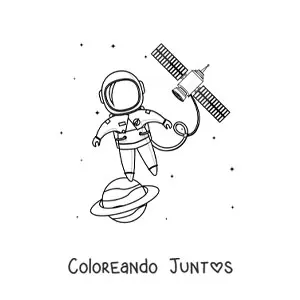 Imagen para colorear de un astronauta en el espacio junto a un satélite