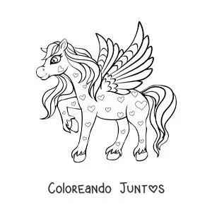Imagen para colorear de hermoso Pegaso alado con corazones