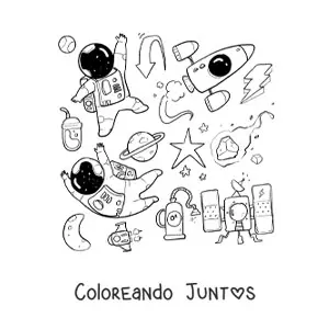 Imagen para colorear de dos astronautas animados rodeados de cohetes y estrellas