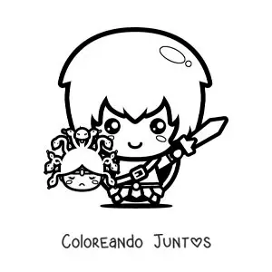 Imagen para colorear de Perseo kawaii con la cabeza de Medusa