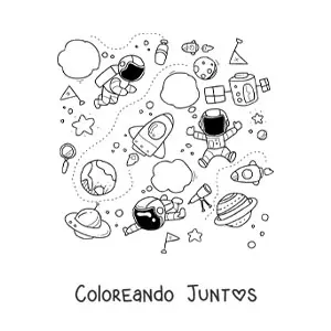 Imagen para colorear de tres astronautas animados y naves espaciales