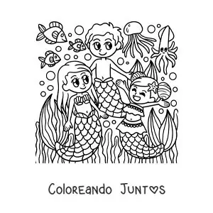 Imagen para colorear de dos sirenas y un tritón en el mar
