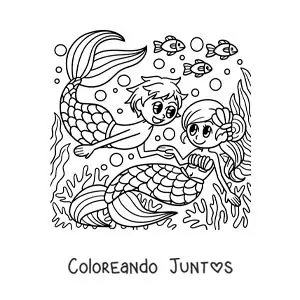 Imagen para colorear de pareja de un tritón y una sirena