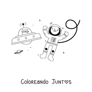 Imagen para colorear de un astronauta y gato espacial animados en el espacio