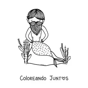 Imagen para colorear de un tritón con barba en el mar