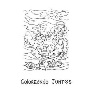 Imagen para colorear de un tritón y una sirena tocando música en el mar