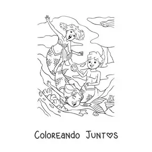 Imagen para colorear de dos sirenas y un tritón jugando en el mar