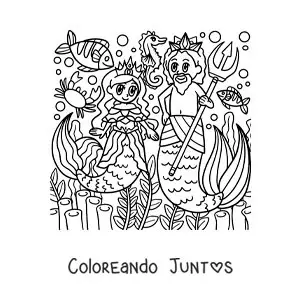 Imagen para colorear del dios Tritón y una sirena animados
