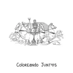 Imagen para colorear del dios Poseidón con su tridente y sus caballos